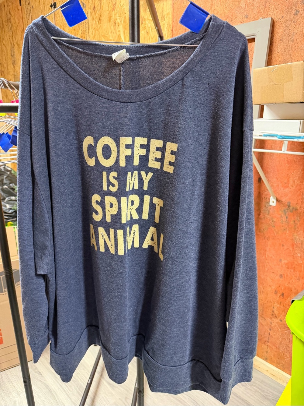Sew In Love Navy Sweatshirt with Gold Coffee Graphic